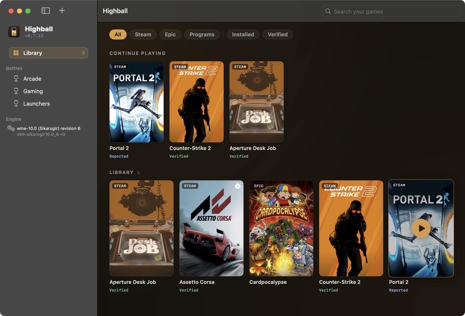 Highball's Library: one cover grid across Steam and Epic with source badges and verified verdicts